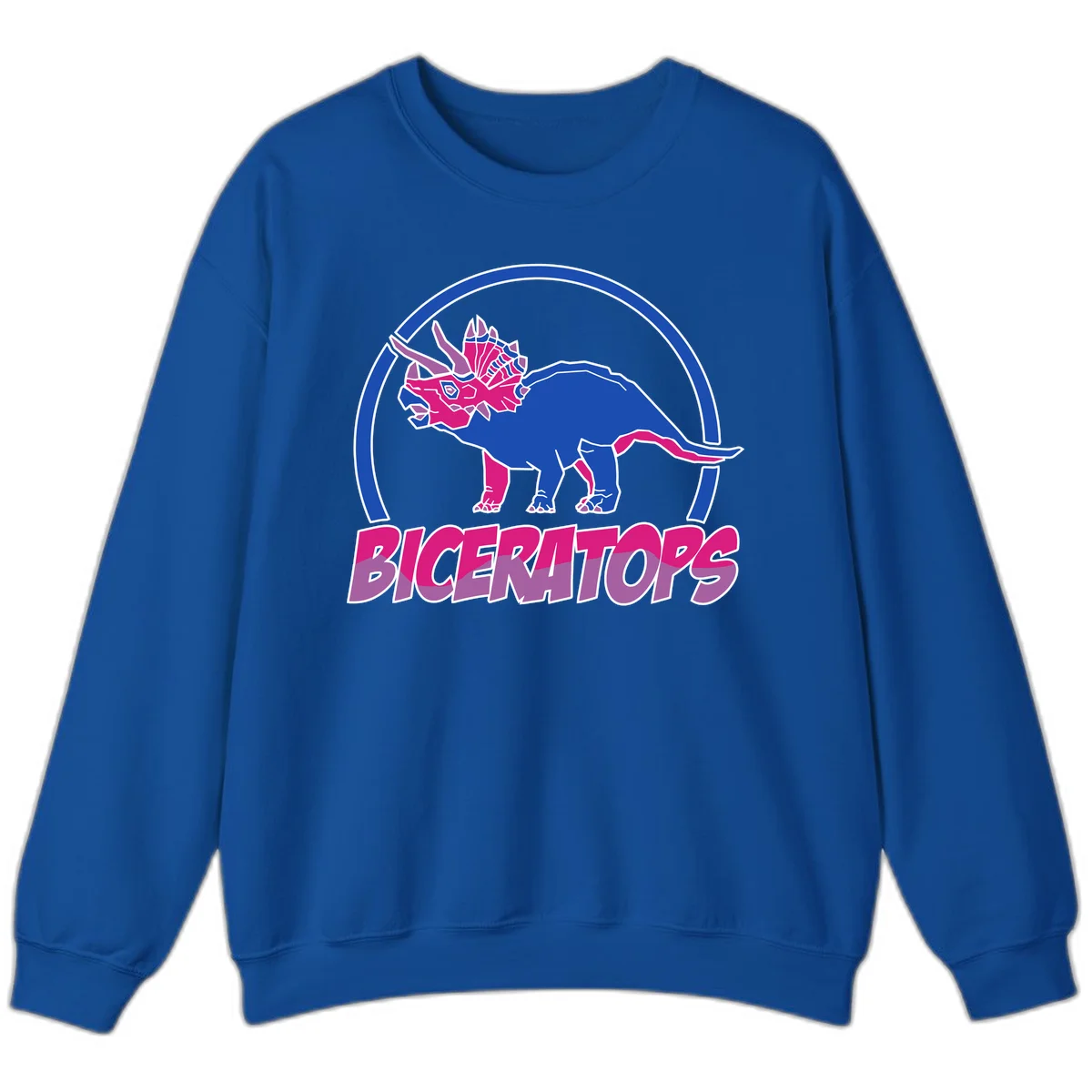 Blue and hot pink geometric triceratops dinosaur mascot inside circular badge with 'Biceritors' text below in Royal