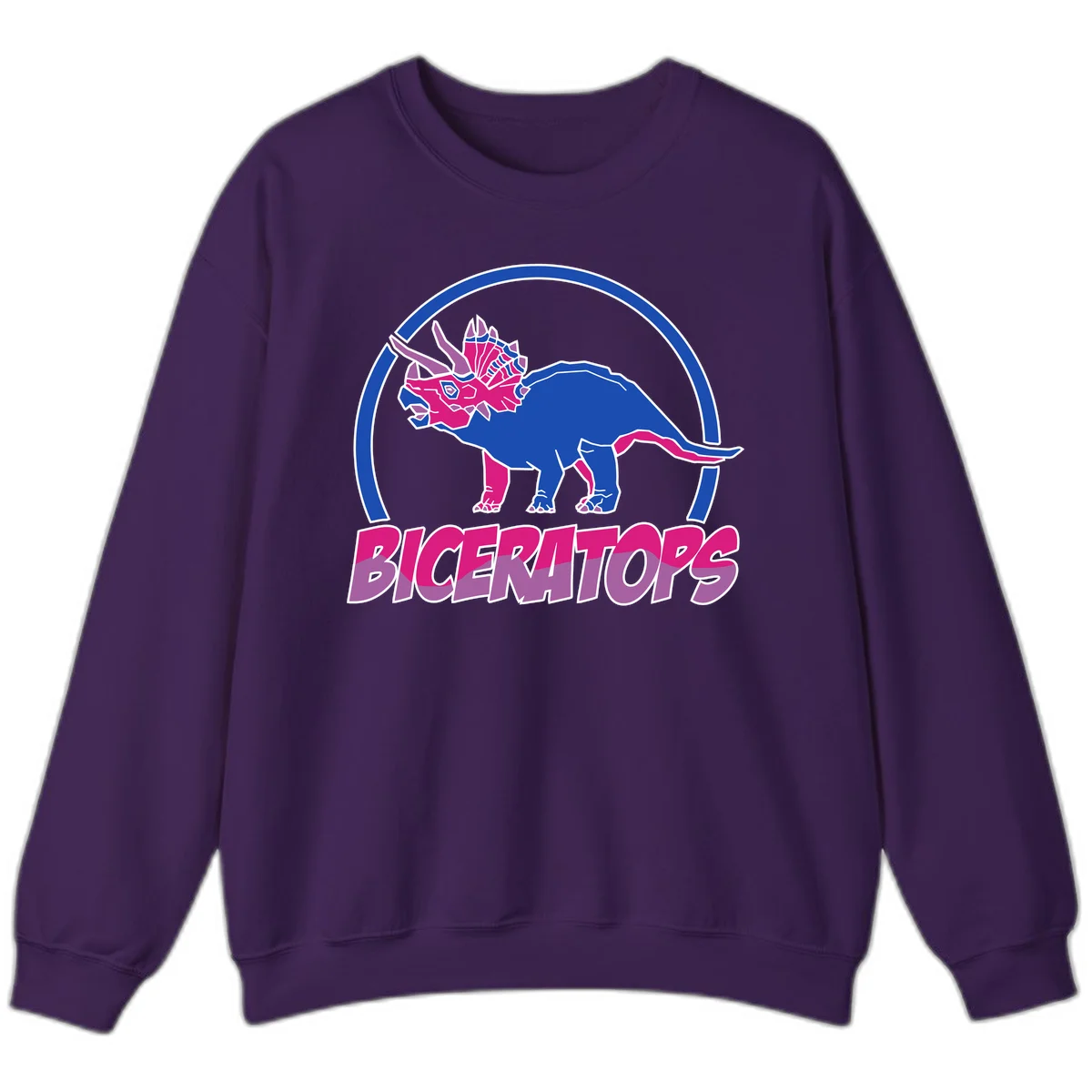 Blue and hot pink geometric triceratops dinosaur mascot inside circular badge with 'Biceritors' text below in Purple