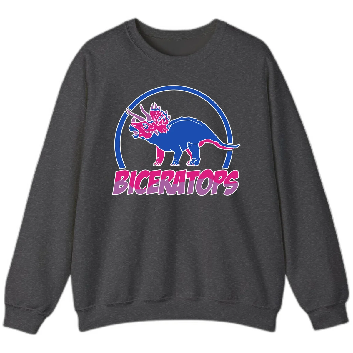 Blue and hot pink geometric triceratops dinosaur mascot inside circular badge with 'Biceritors' text below in Dark Heather