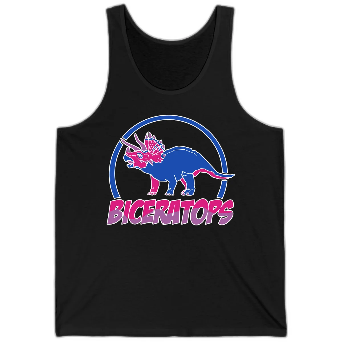 Blue and hot pink geometric triceratops dinosaur mascot inside circular badge with 'Biceritors' text below in Black