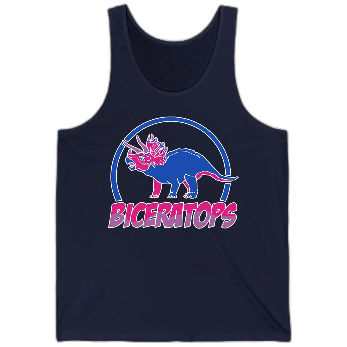 Blue and hot pink geometric triceratops dinosaur mascot inside circular badge with 'Biceritors' text below in Navy