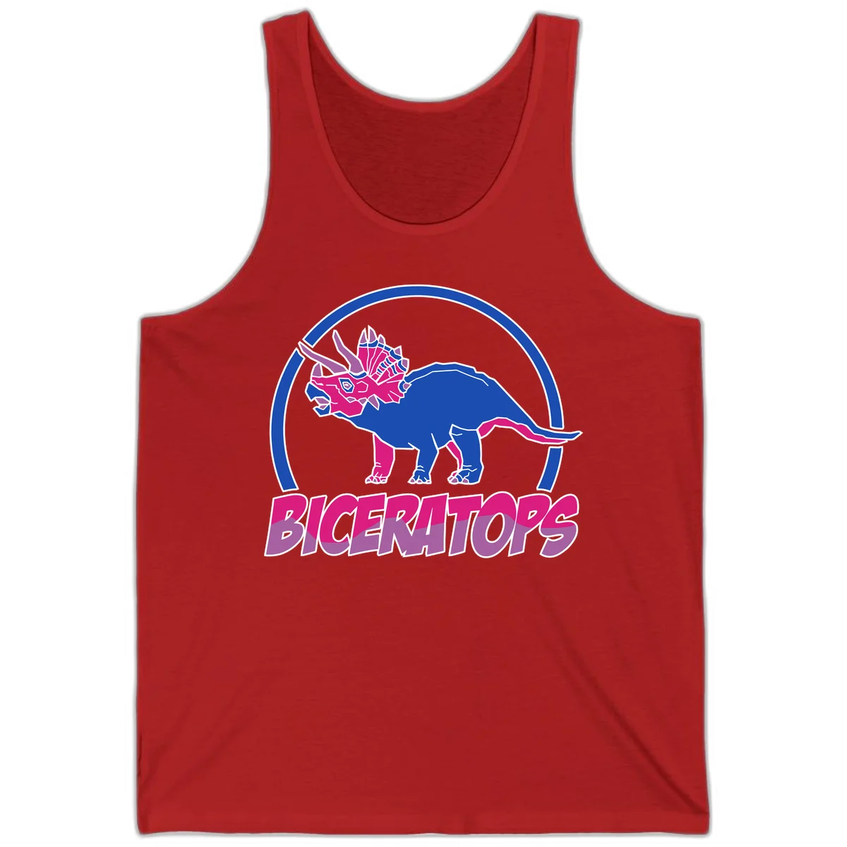 Blue and hot pink geometric triceratops dinosaur mascot inside circular badge with 'Biceritors' text below in Red