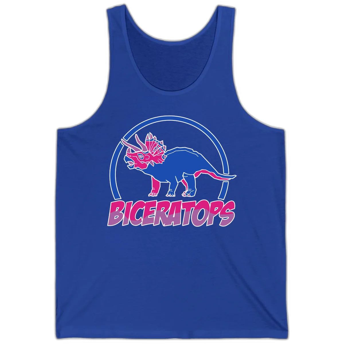 Blue and hot pink geometric triceratops dinosaur mascot inside circular badge with 'Biceritors' text below in True Royal
