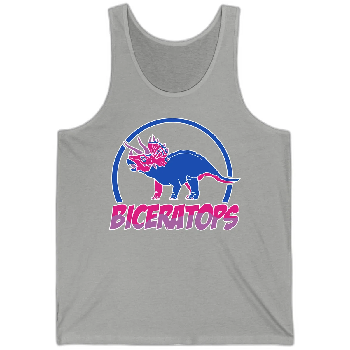 Blue and hot pink geometric triceratops dinosaur mascot inside circular badge with 'Biceritors' text below in Athletic Heather