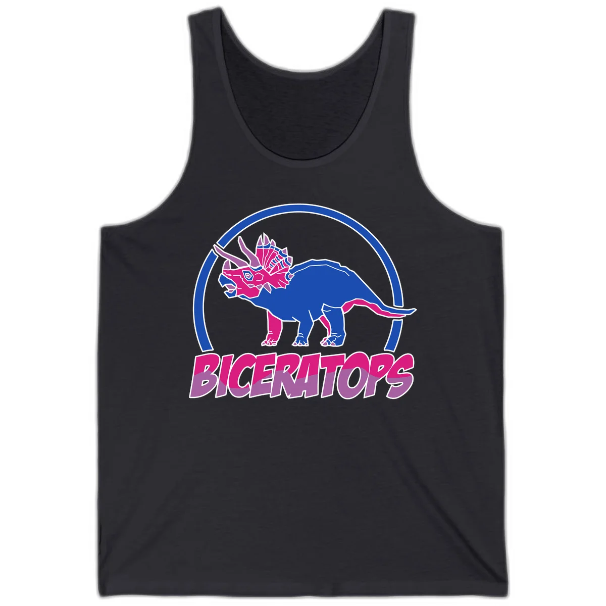 Blue and hot pink geometric triceratops dinosaur mascot inside circular badge with 'Biceritors' text below in Dark Grey