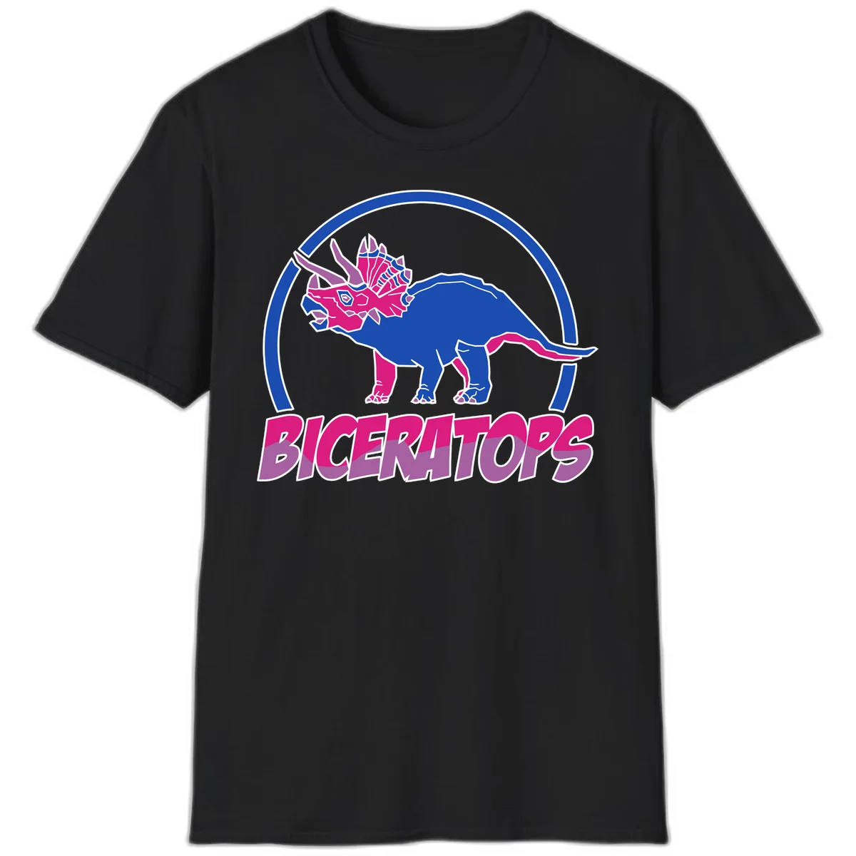 Blue and hot pink geometric triceratops dinosaur mascot inside circular badge with 'Biceritors' text below in Black
