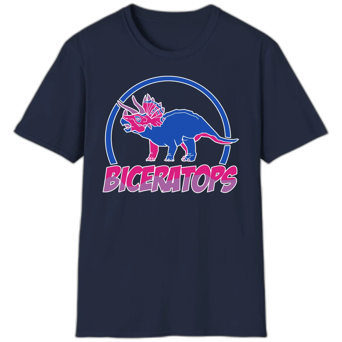 Blue and hot pink geometric triceratops dinosaur mascot inside circular badge with 'Biceritors' text below in Navy