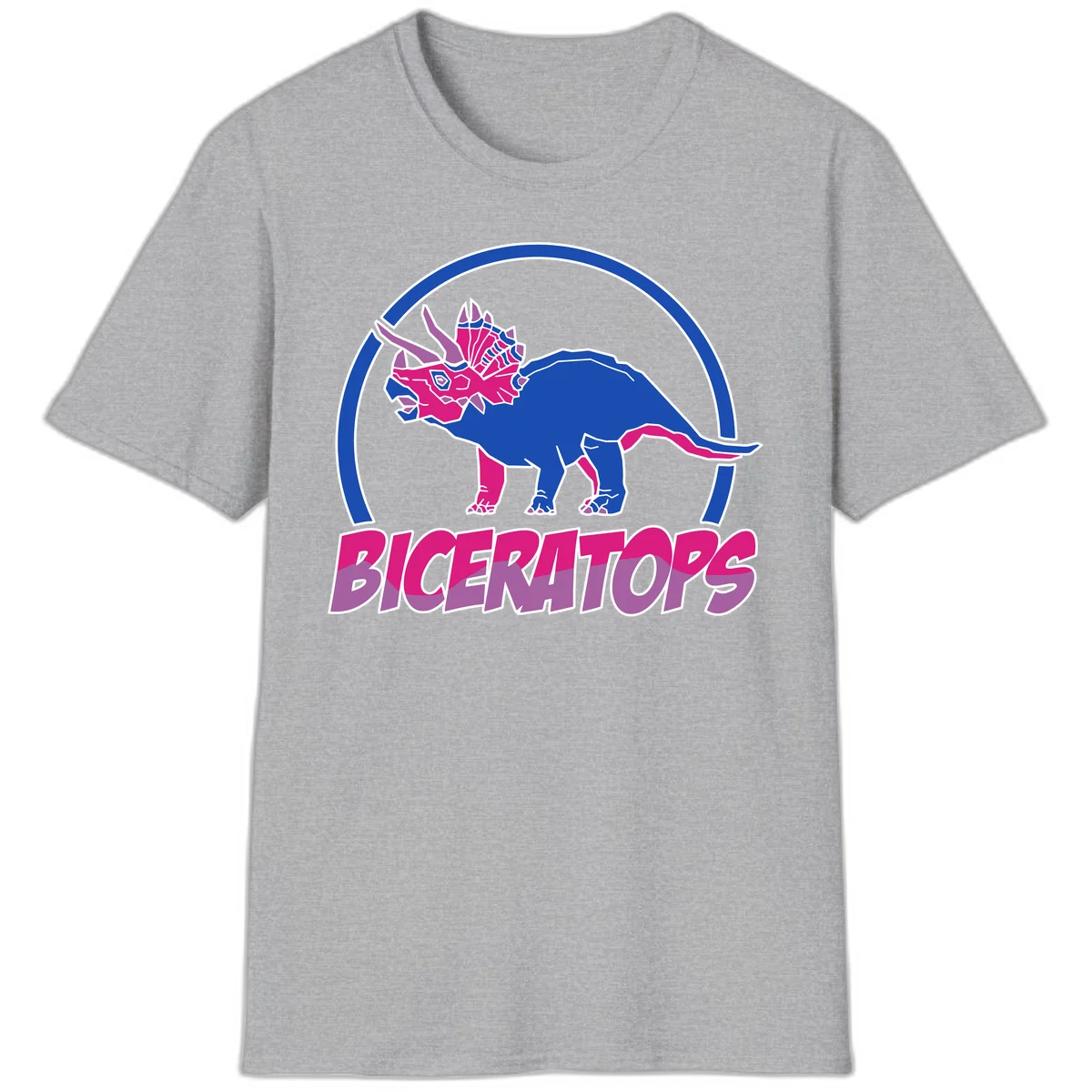 Blue and hot pink geometric triceratops dinosaur mascot inside circular badge with 'Biceritors' text below in Sport Grey