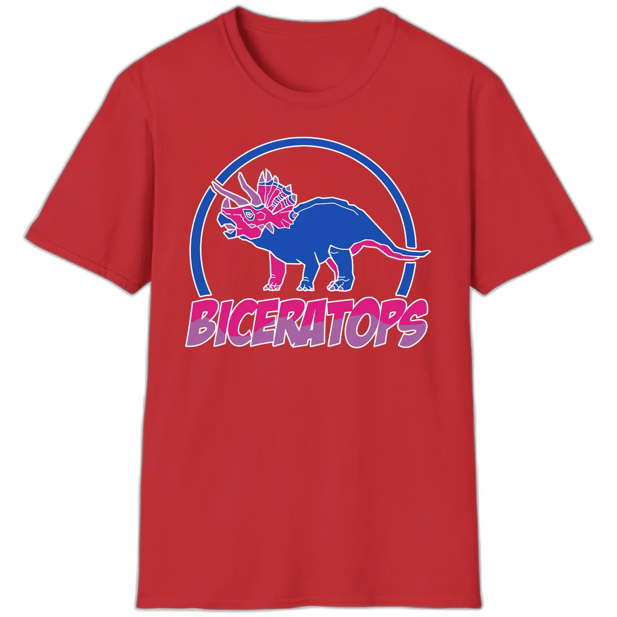 Blue and hot pink geometric triceratops dinosaur mascot inside circular badge with 'Biceritors' text below in Red