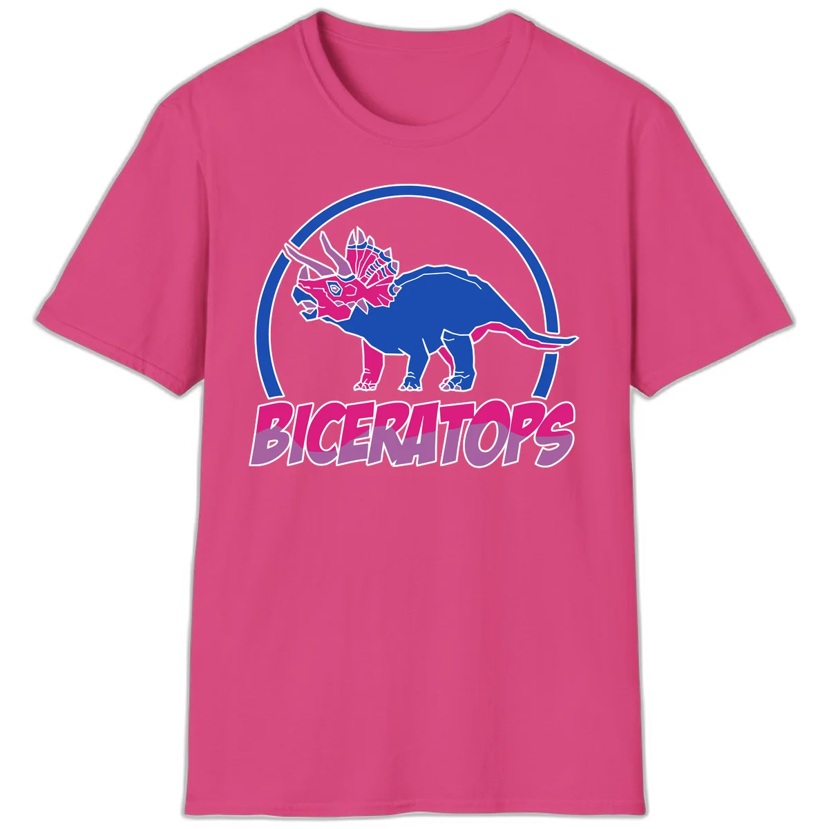 Blue and hot pink geometric triceratops dinosaur mascot inside circular badge with 'Biceritors' text below in Heliconia