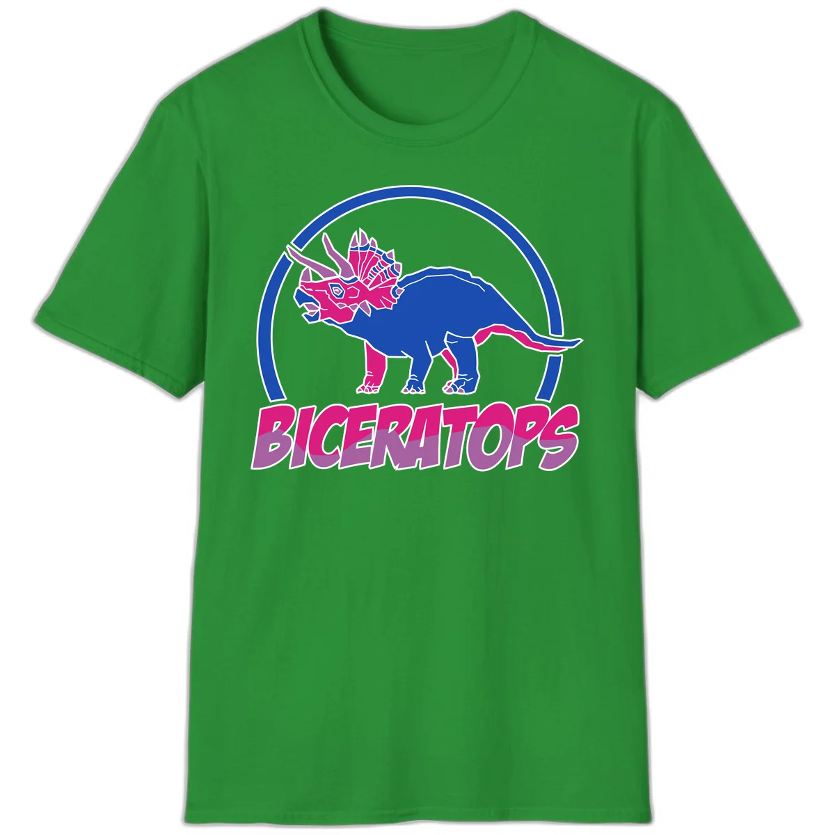 Blue and hot pink geometric triceratops dinosaur mascot inside circular badge with 'Biceritors' text below in Irish Green