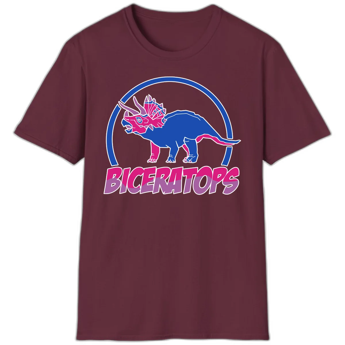 Blue and hot pink geometric triceratops dinosaur mascot inside circular badge with 'Biceritors' text below in Maroon
