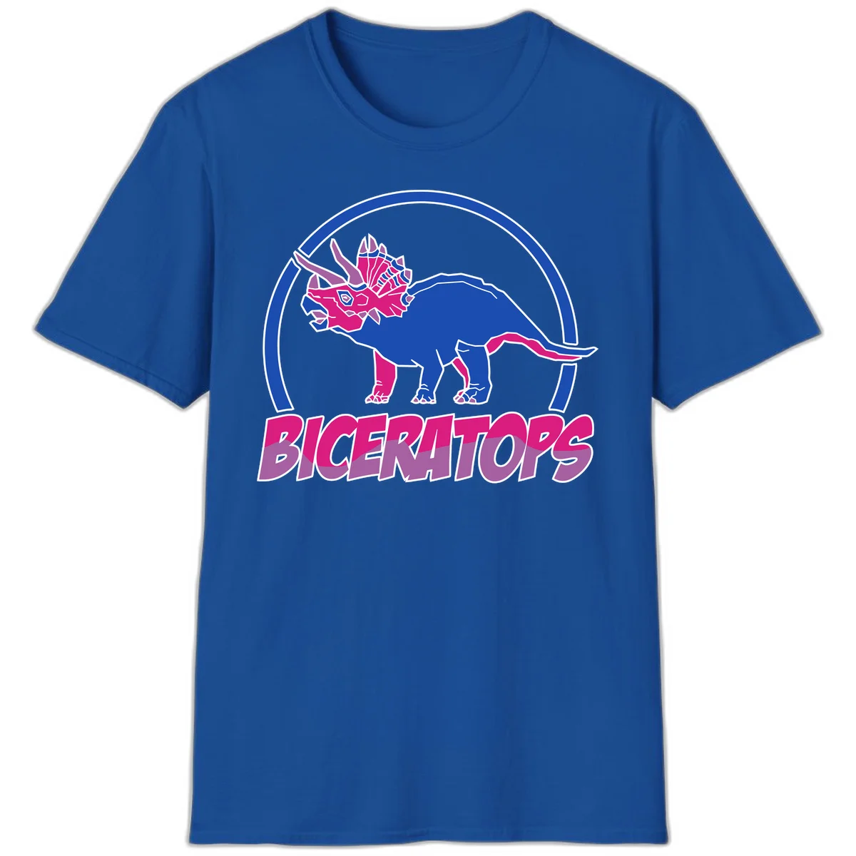 Blue and hot pink geometric triceratops dinosaur mascot inside circular badge with 'Biceritors' text below in Royal
