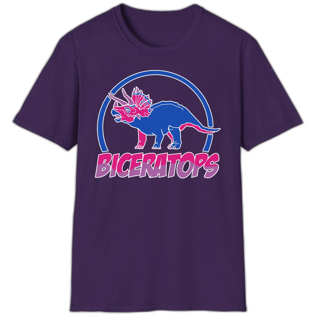 Blue and hot pink geometric triceratops dinosaur mascot inside circular badge with 'Biceritors' text below in Purple