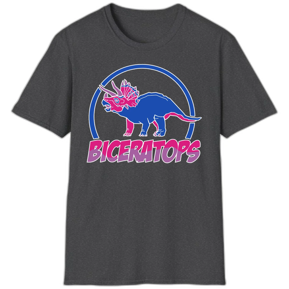 Blue and hot pink geometric triceratops dinosaur mascot inside circular badge with 'Biceritors' text below in Dark Heather