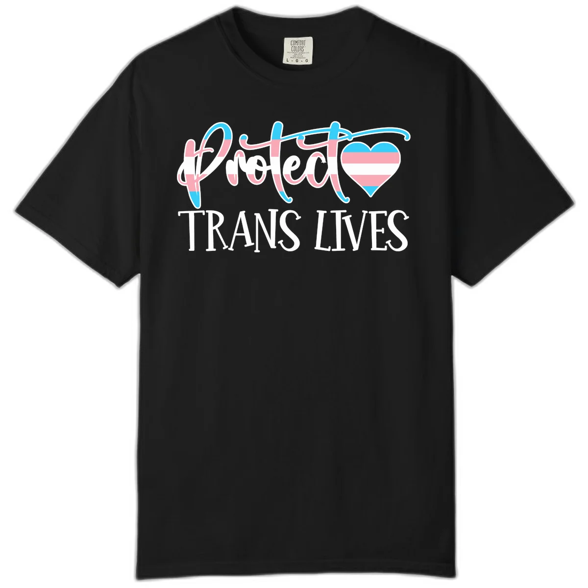 Stylized text 'I heart TRANS LIVES' with decorative letters and a trans flag-striped heart symbol in pink, white, and blue colors in Black