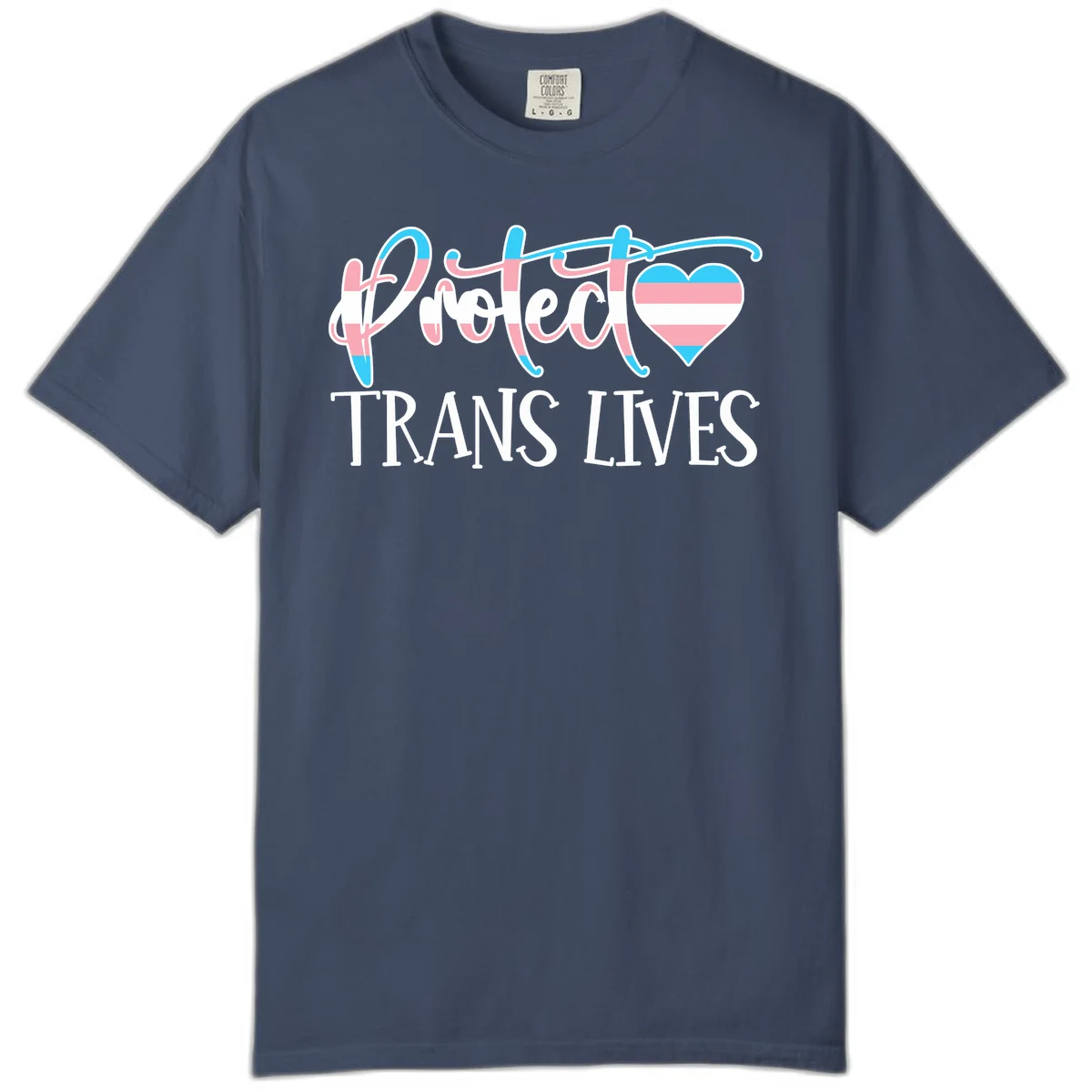 Stylized text 'I heart TRANS LIVES' with decorative letters and a trans flag-striped heart symbol in pink, white, and blue colors in Midnight