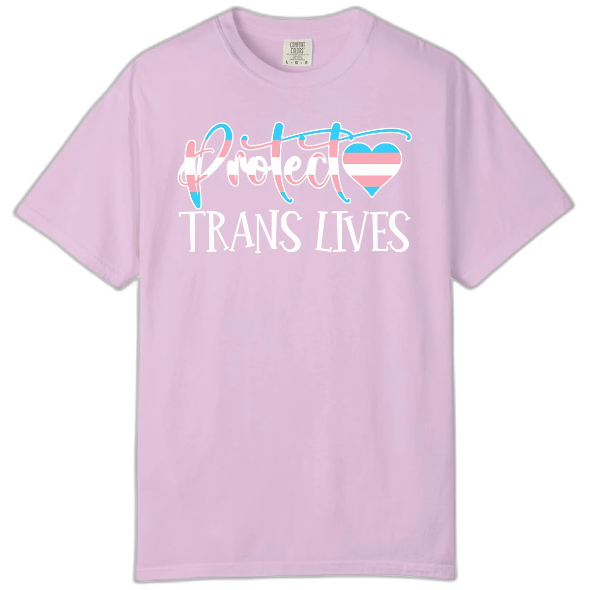 Stylized text 'I heart TRANS LIVES' with decorative letters and a trans flag-striped heart symbol in pink, white, and blue colors in Orchid