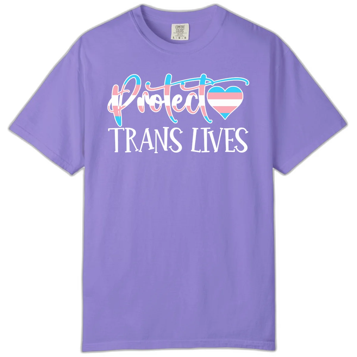 Stylized text 'I heart TRANS LIVES' with decorative letters and a trans flag-striped heart symbol in pink, white, and blue colors in Violet