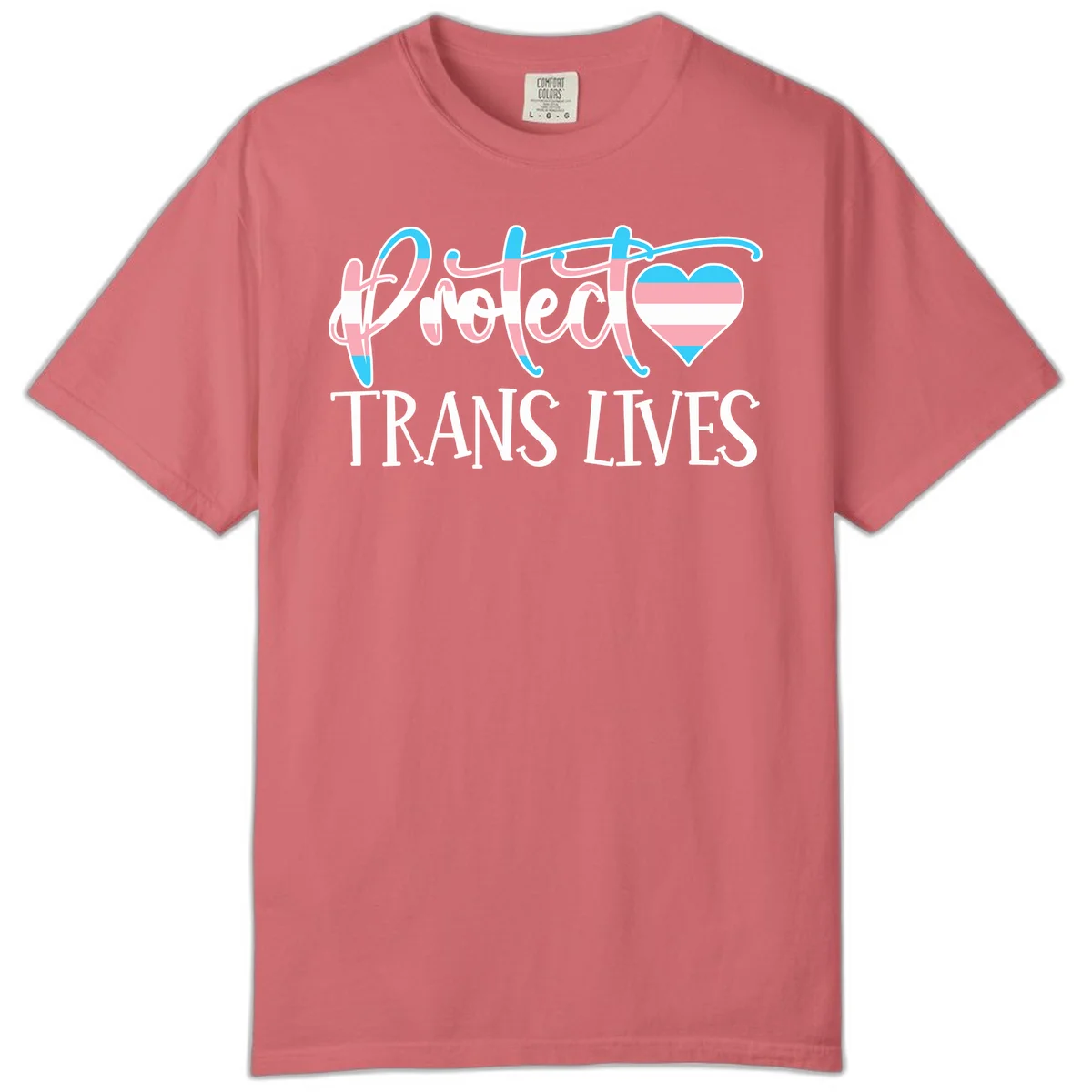 Stylized text 'I heart TRANS LIVES' with decorative letters and a trans flag-striped heart symbol in pink, white, and blue colors in Watermelon