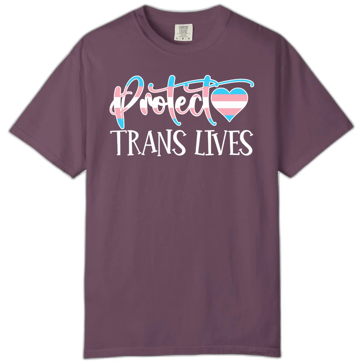 Stylized text 'I heart TRANS LIVES' with decorative letters and a trans flag-striped heart symbol in pink, white, and blue colors in Berry