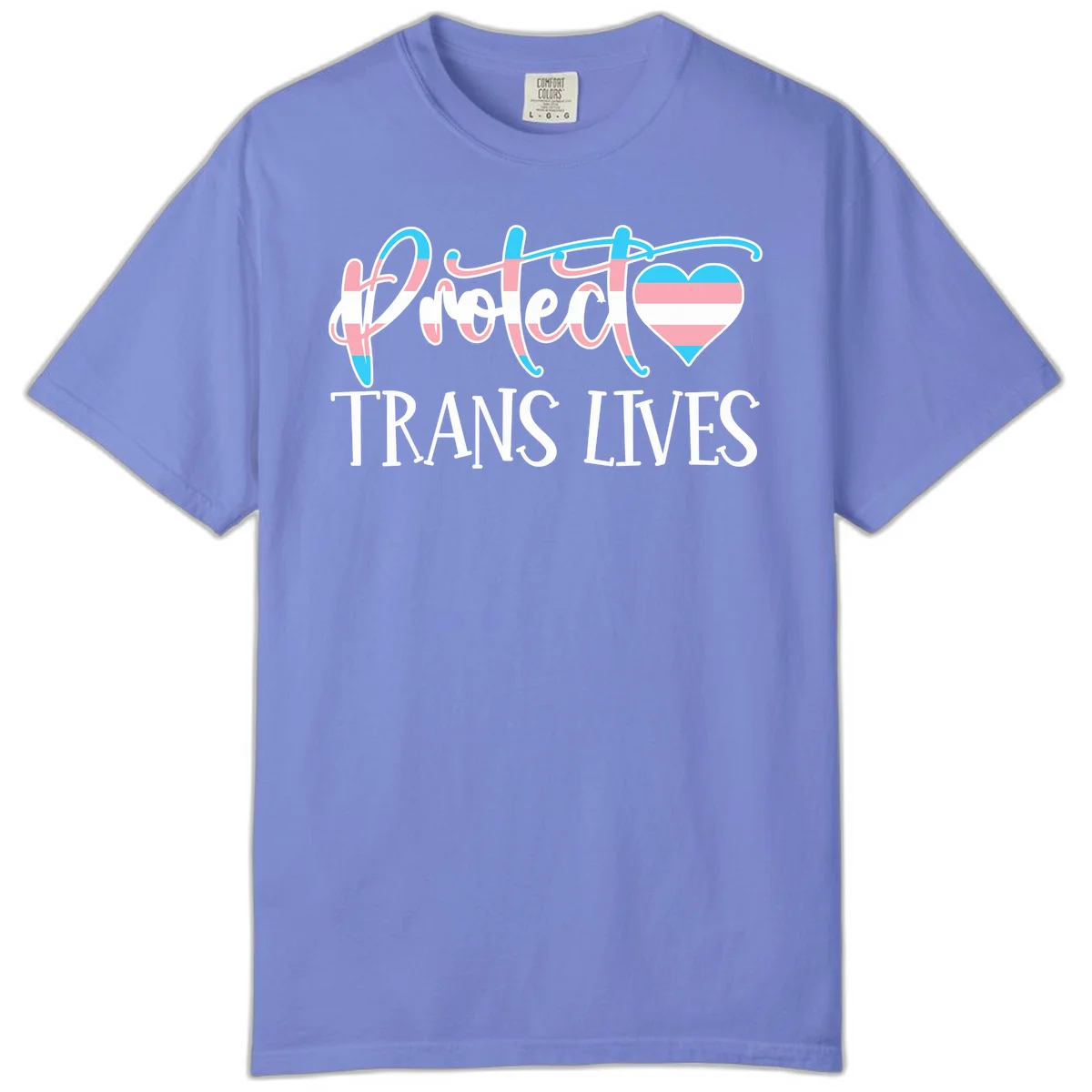 Stylized text 'I heart TRANS LIVES' with decorative letters and a trans flag-striped heart symbol in pink, white, and blue colors in Flo Blue