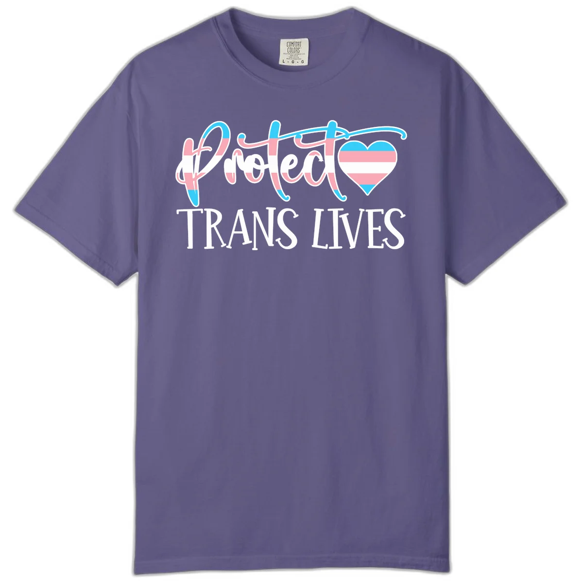 Stylized text 'I heart TRANS LIVES' with decorative letters and a trans flag-striped heart symbol in pink, white, and blue colors in Grape