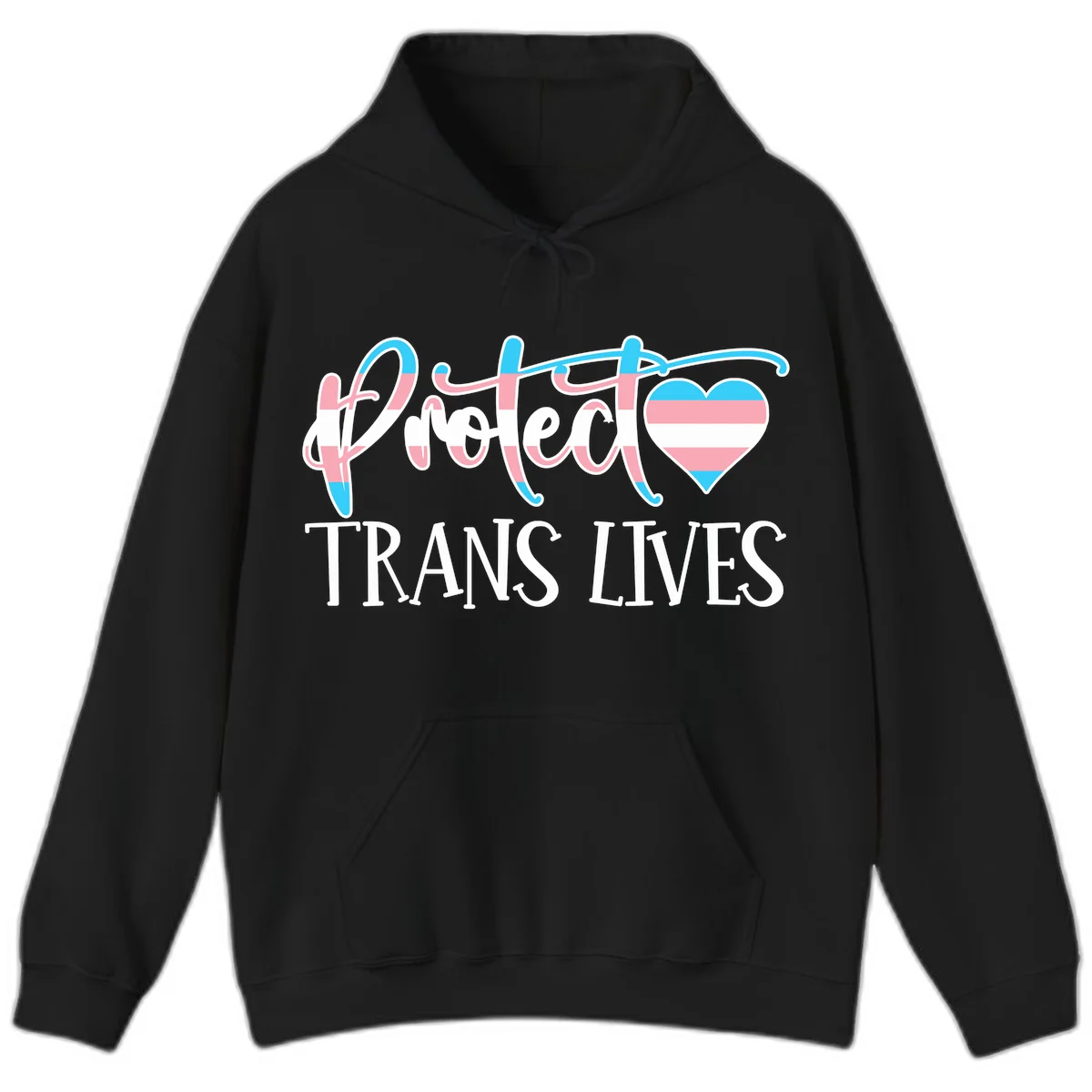 Stylized text 'I heart TRANS LIVES' with decorative letters and a trans flag-striped heart symbol in pink, white, and blue colors in Black