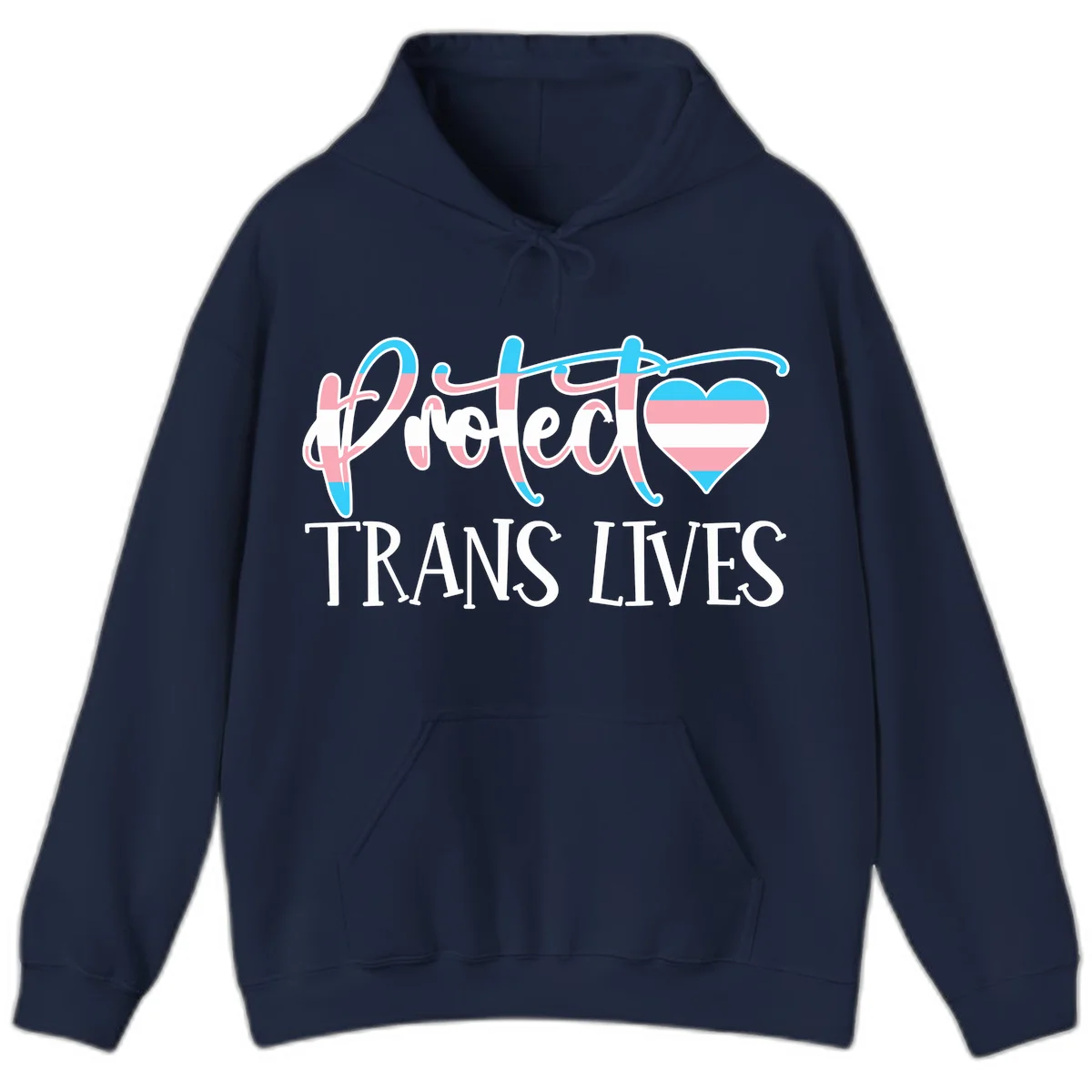 Stylized text 'I heart TRANS LIVES' with decorative letters and a trans flag-striped heart symbol in pink, white, and blue colors in Navy