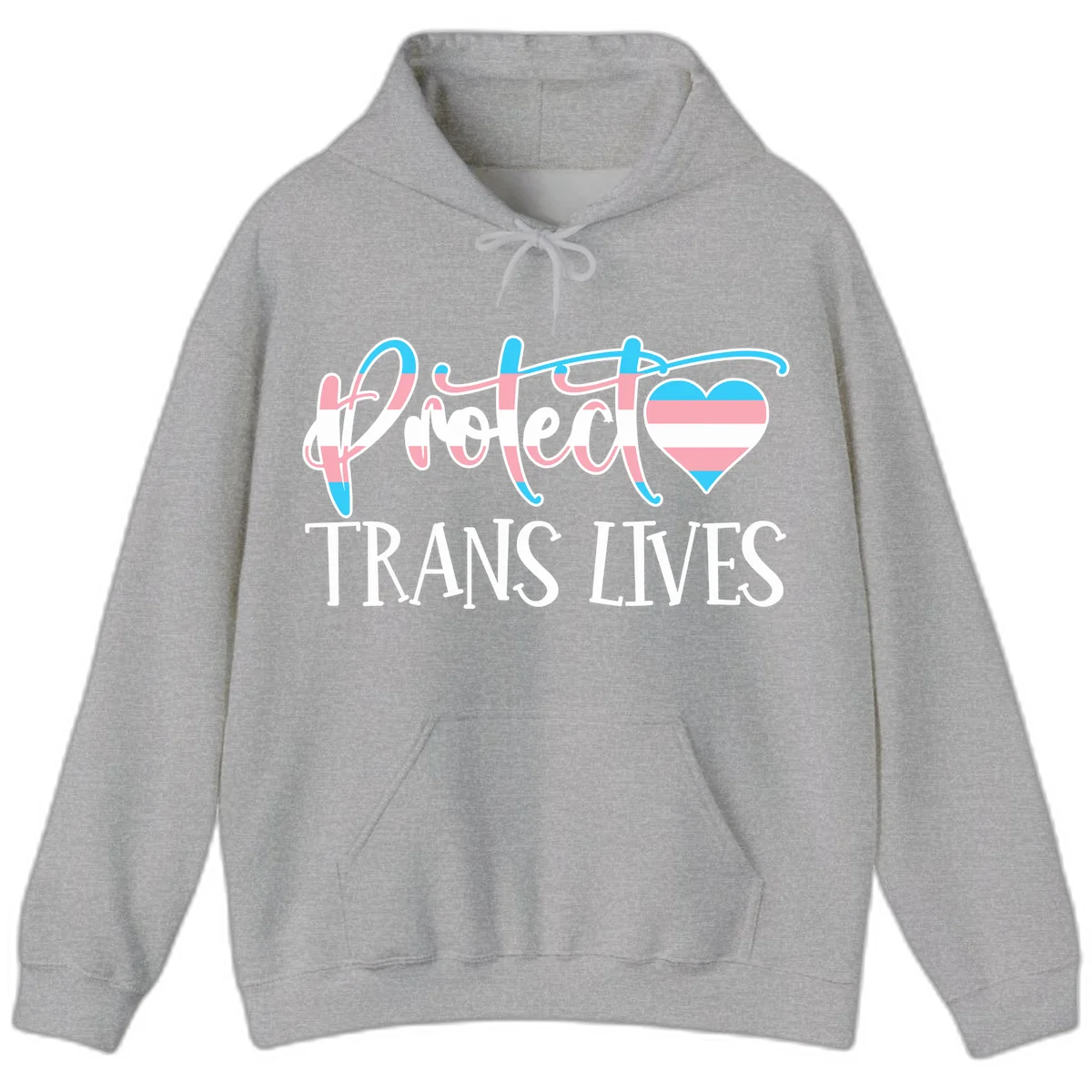 Stylized text 'I heart TRANS LIVES' with decorative letters and a trans flag-striped heart symbol in pink, white, and blue colors in Sport Grey