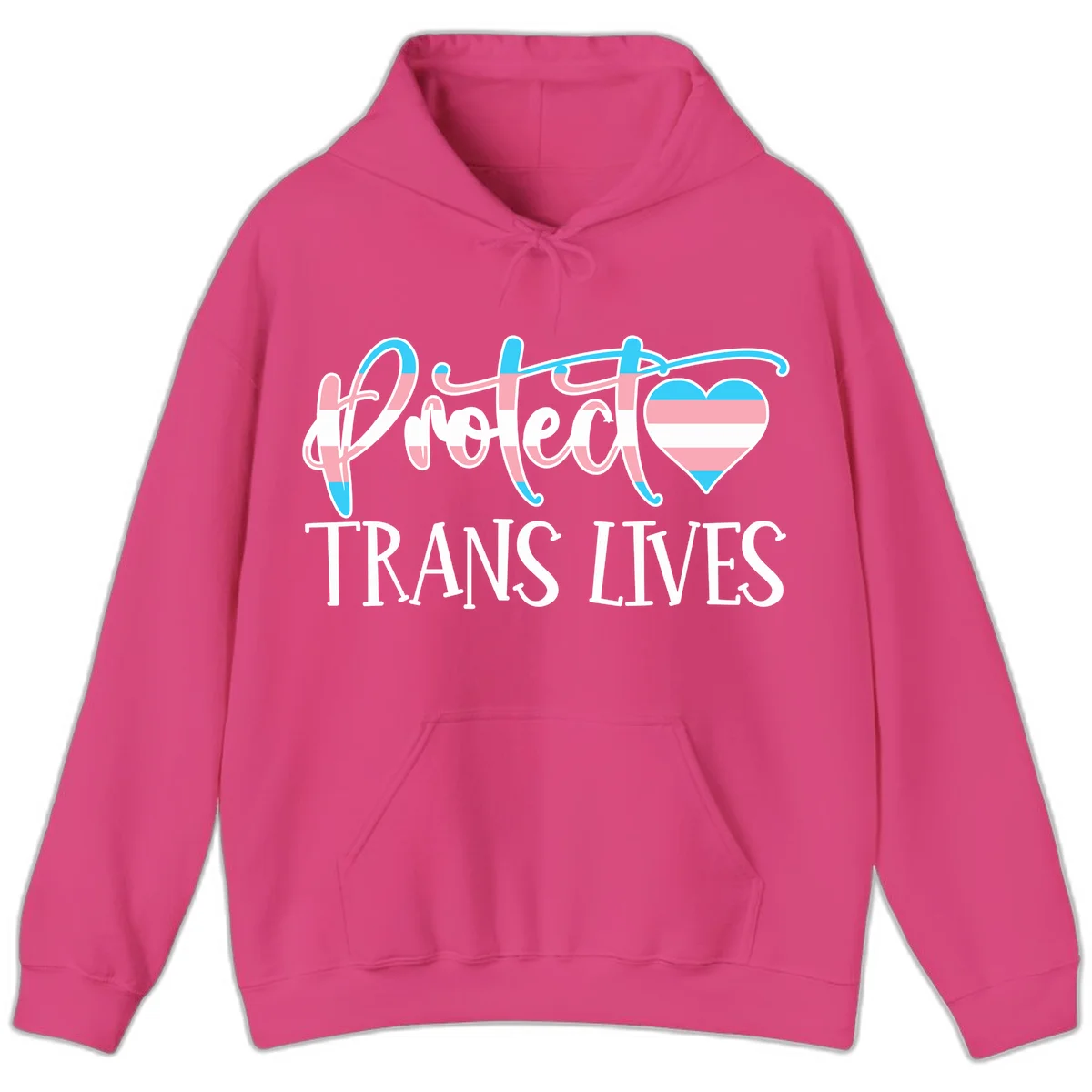 Stylized text 'I heart TRANS LIVES' with decorative letters and a trans flag-striped heart symbol in pink, white, and blue colors in Heliconia