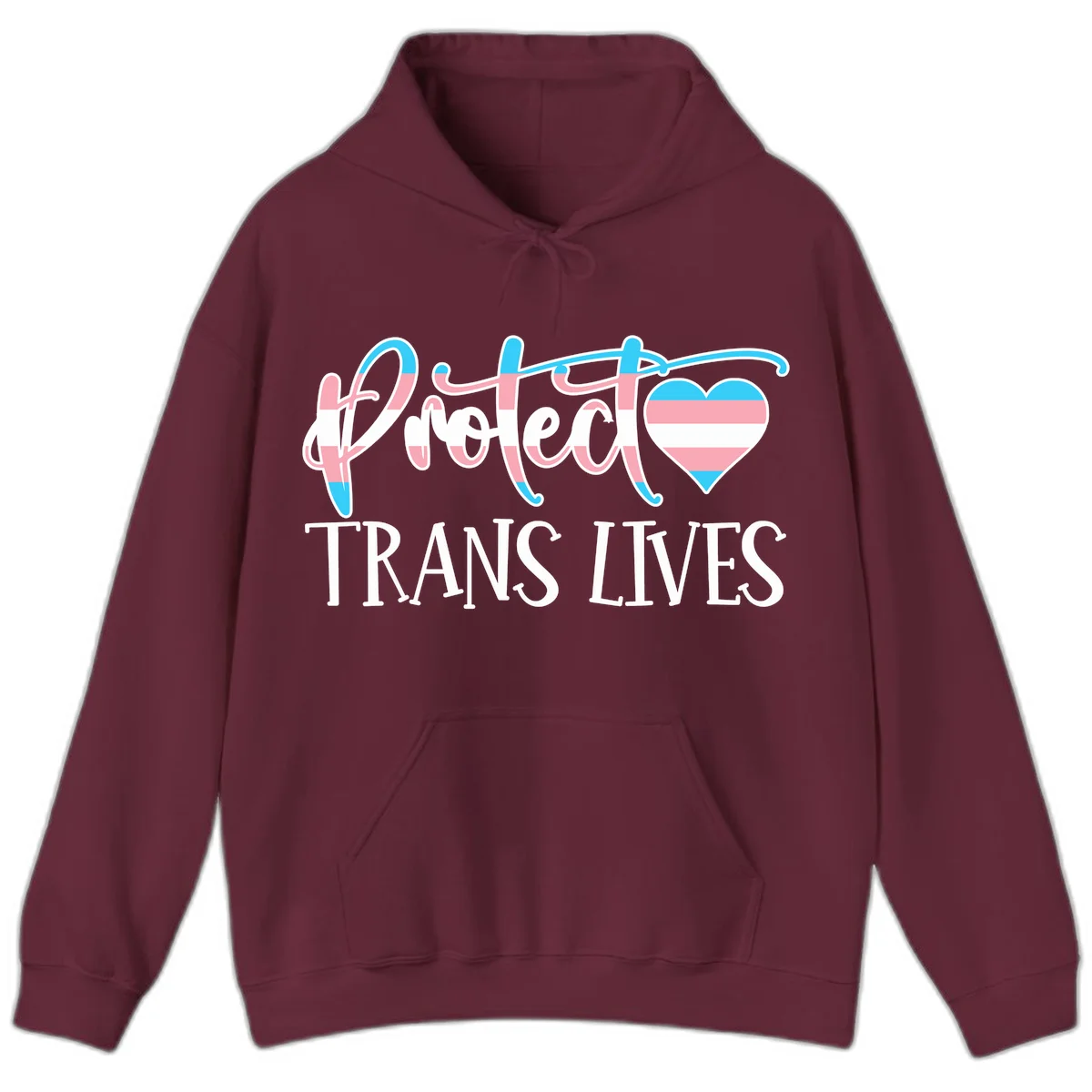 Stylized text 'I heart TRANS LIVES' with decorative letters and a trans flag-striped heart symbol in pink, white, and blue colors in Maroon