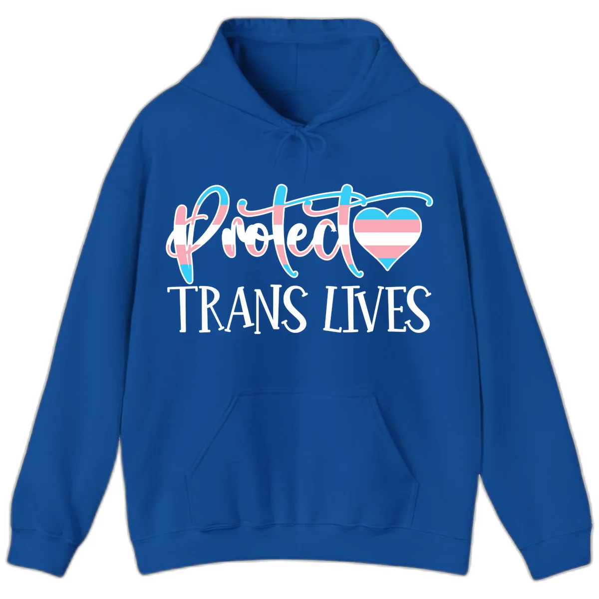 Stylized text 'I heart TRANS LIVES' with decorative letters and a trans flag-striped heart symbol in pink, white, and blue colors in Royal