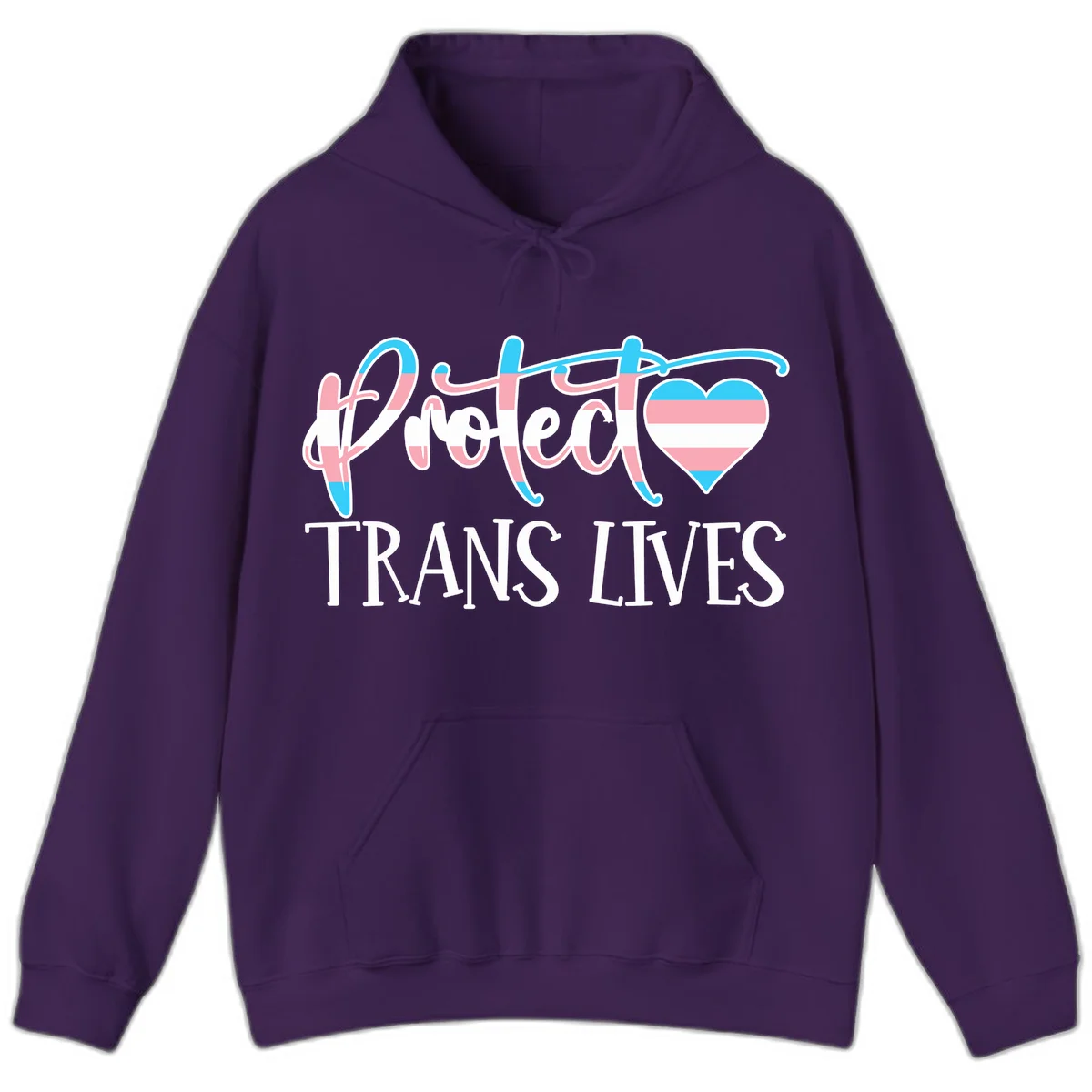 Stylized text 'I heart TRANS LIVES' with decorative letters and a trans flag-striped heart symbol in pink, white, and blue colors in Purple