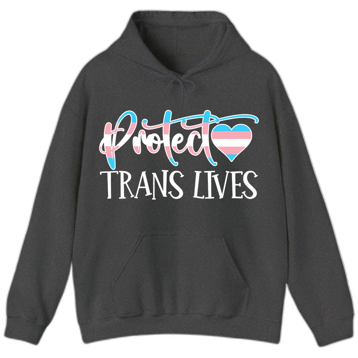 Stylized text 'I heart TRANS LIVES' with decorative letters and a trans flag-striped heart symbol in pink, white, and blue colors in Dark Heather