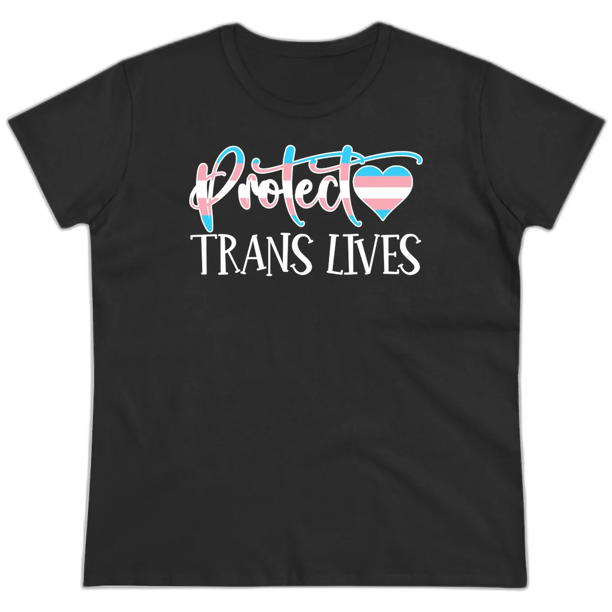 Stylized text 'I heart TRANS LIVES' with decorative letters and a trans flag-striped heart symbol in pink, white, and blue colors in Black