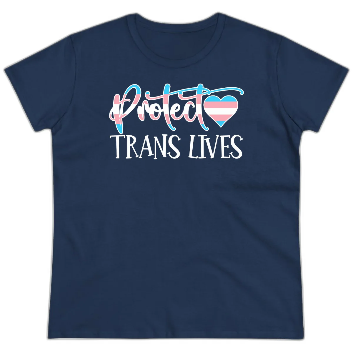 Stylized text 'I heart TRANS LIVES' with decorative letters and a trans flag-striped heart symbol in pink, white, and blue colors in Navy