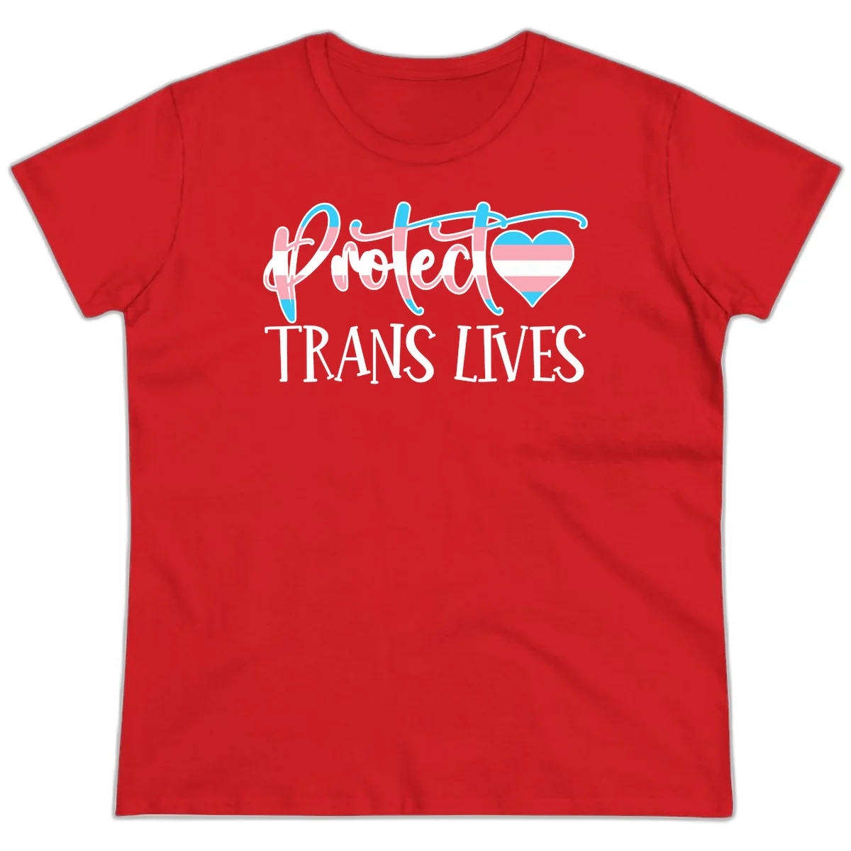 Stylized text 'I heart TRANS LIVES' with decorative letters and a trans flag-striped heart symbol in pink, white, and blue colors in Red