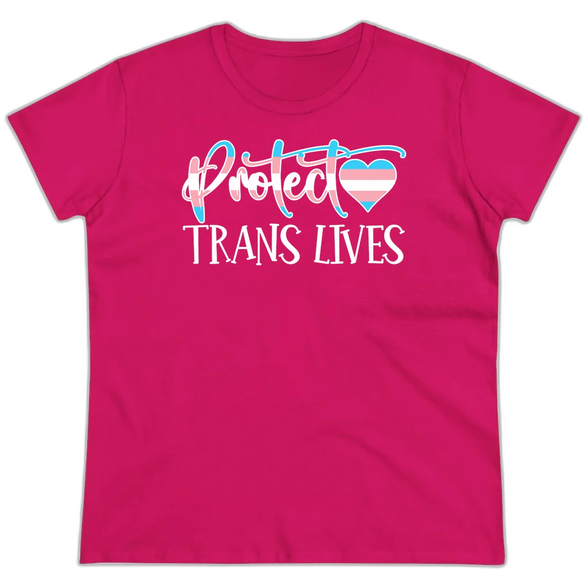 Stylized text 'I heart TRANS LIVES' with decorative letters and a trans flag-striped heart symbol in pink, white, and blue colors in Heliconia