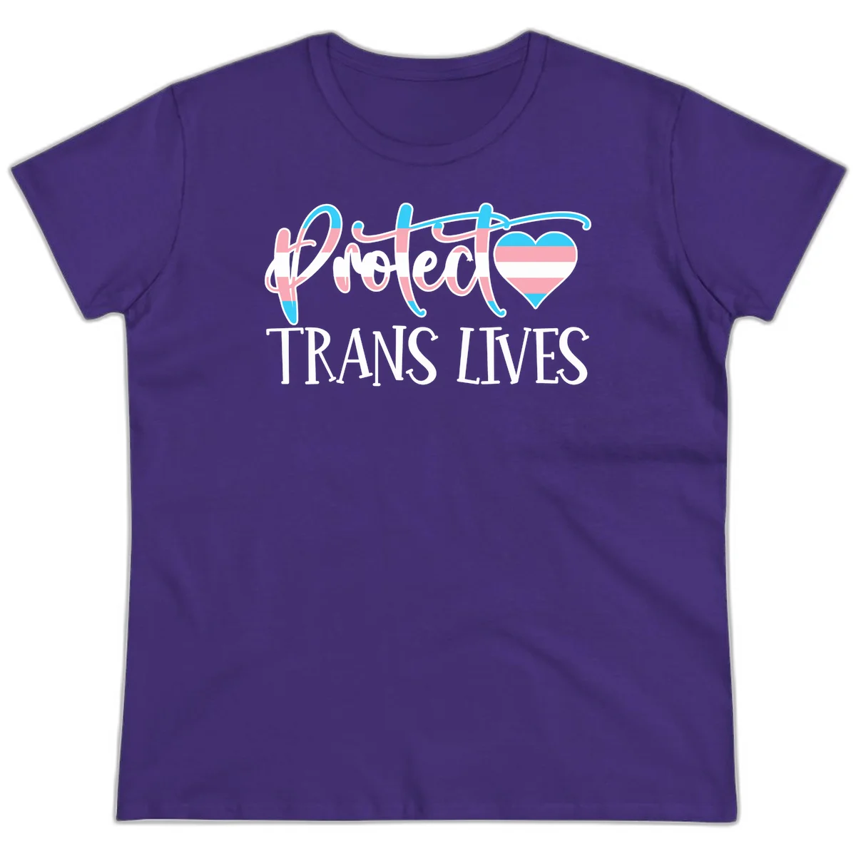 Stylized text 'I heart TRANS LIVES' with decorative letters and a trans flag-striped heart symbol in pink, white, and blue colors in Purple