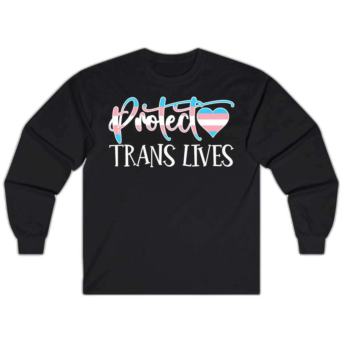 Stylized text 'I heart TRANS LIVES' with decorative letters and a trans flag-striped heart symbol in pink, white, and blue colors in Black