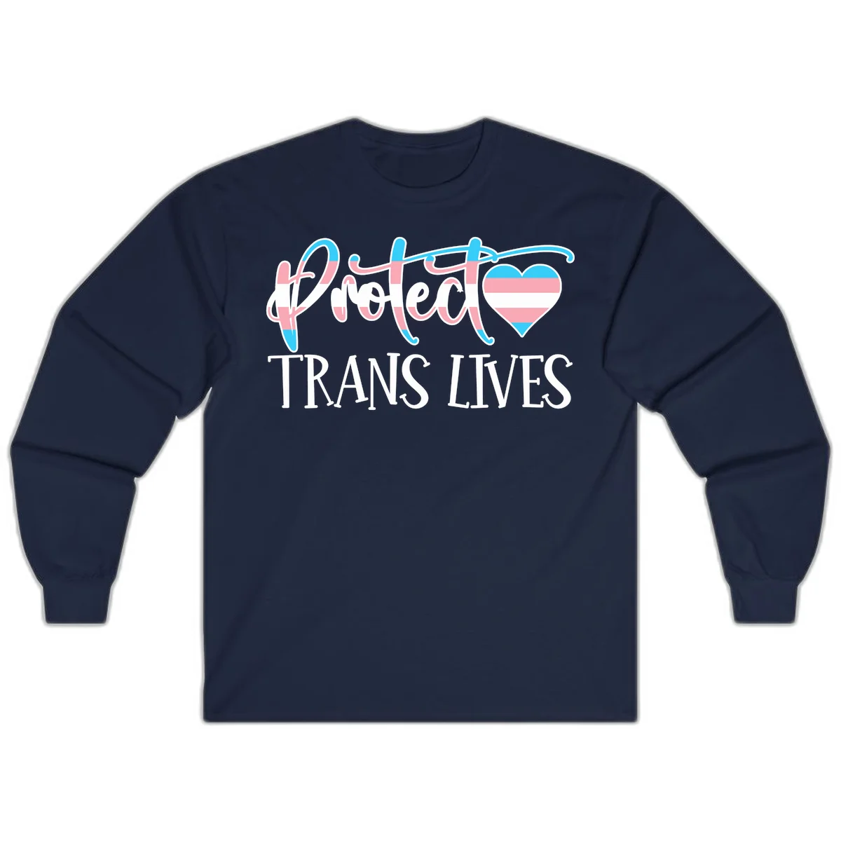 Stylized text 'I heart TRANS LIVES' with decorative letters and a trans flag-striped heart symbol in pink, white, and blue colors in Navy