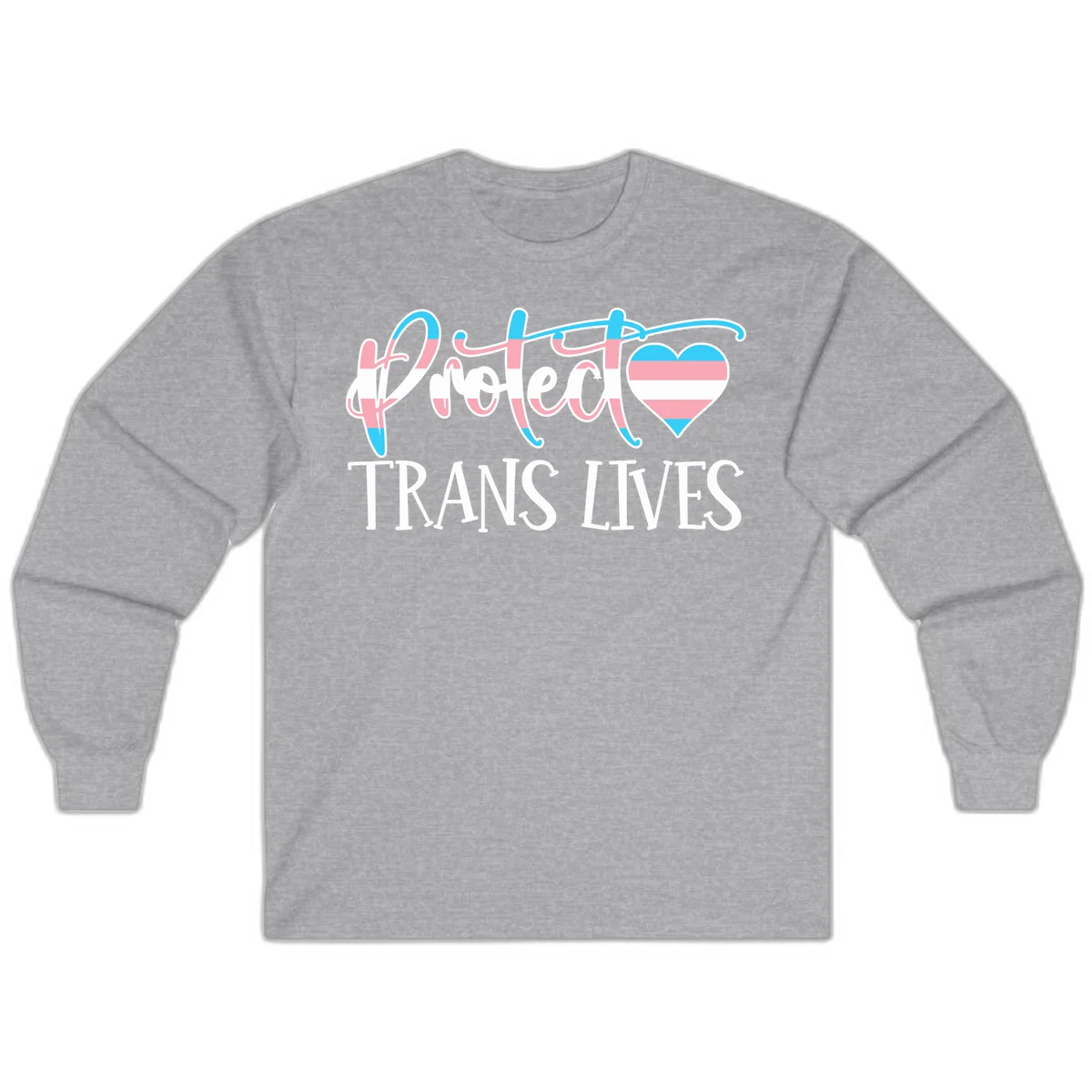 Stylized text 'I heart TRANS LIVES' with decorative letters and a trans flag-striped heart symbol in pink, white, and blue colors in Sport Grey