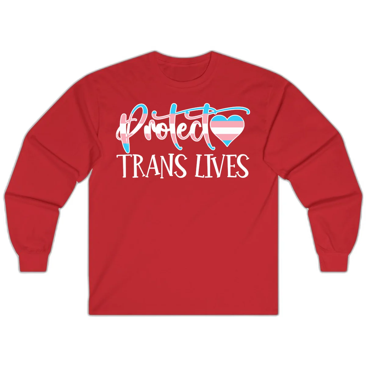 Stylized text 'I heart TRANS LIVES' with decorative letters and a trans flag-striped heart symbol in pink, white, and blue colors in Red