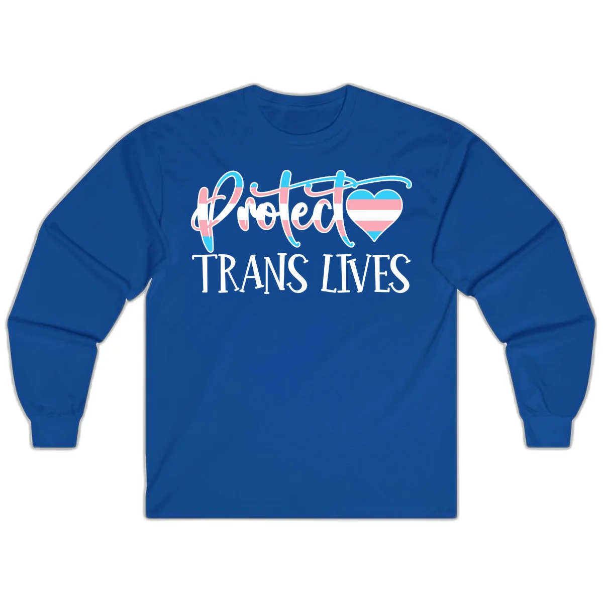 Stylized text 'I heart TRANS LIVES' with decorative letters and a trans flag-striped heart symbol in pink, white, and blue colors in Royal