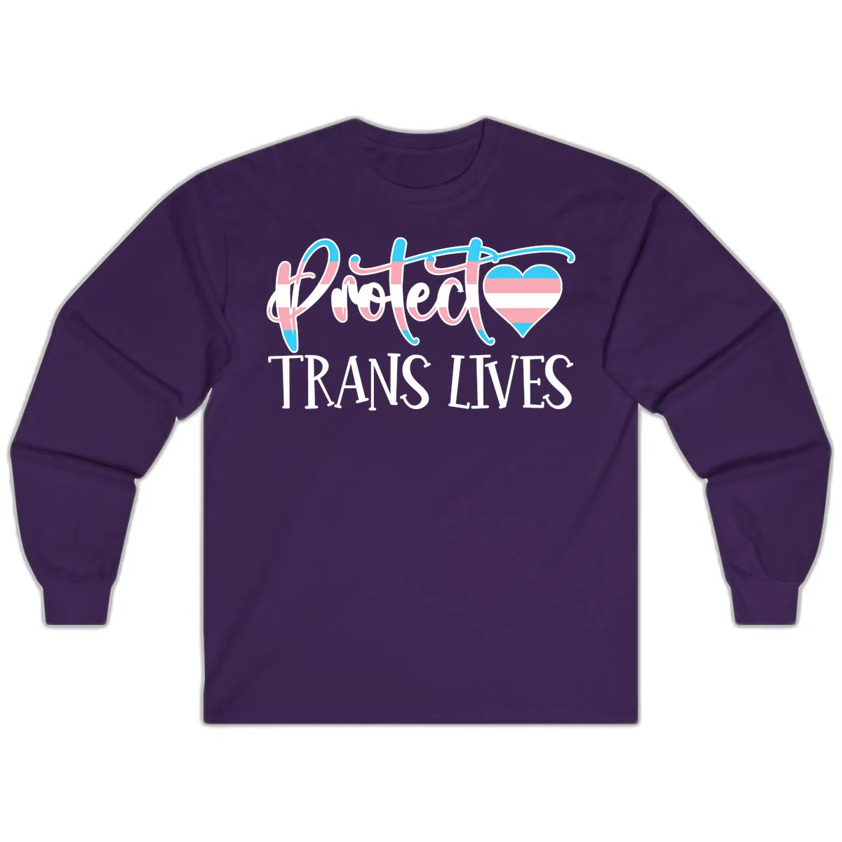 Stylized text 'I heart TRANS LIVES' with decorative letters and a trans flag-striped heart symbol in pink, white, and blue colors in Purple