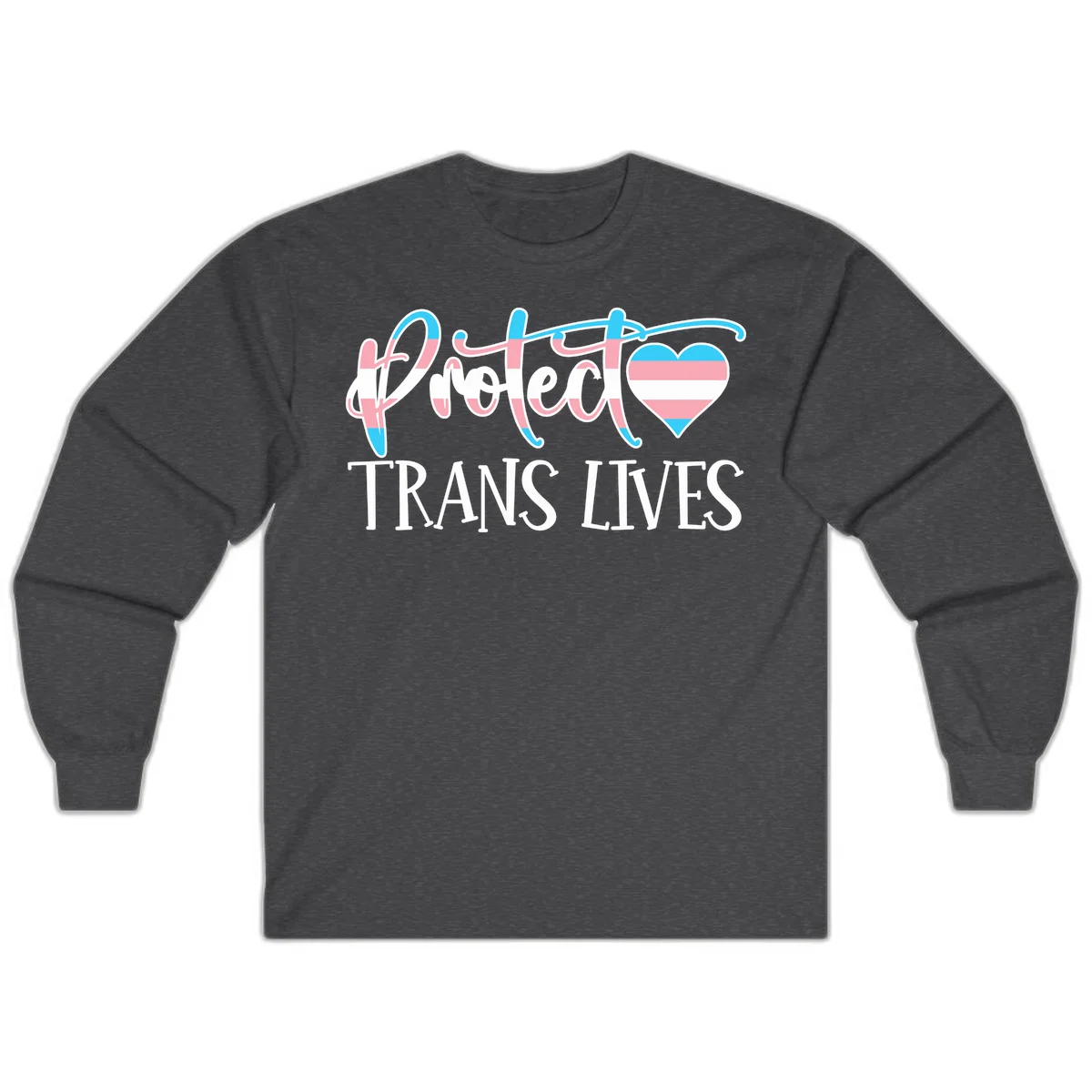 Stylized text 'I heart TRANS LIVES' with decorative letters and a trans flag-striped heart symbol in pink, white, and blue colors in Dark Heather