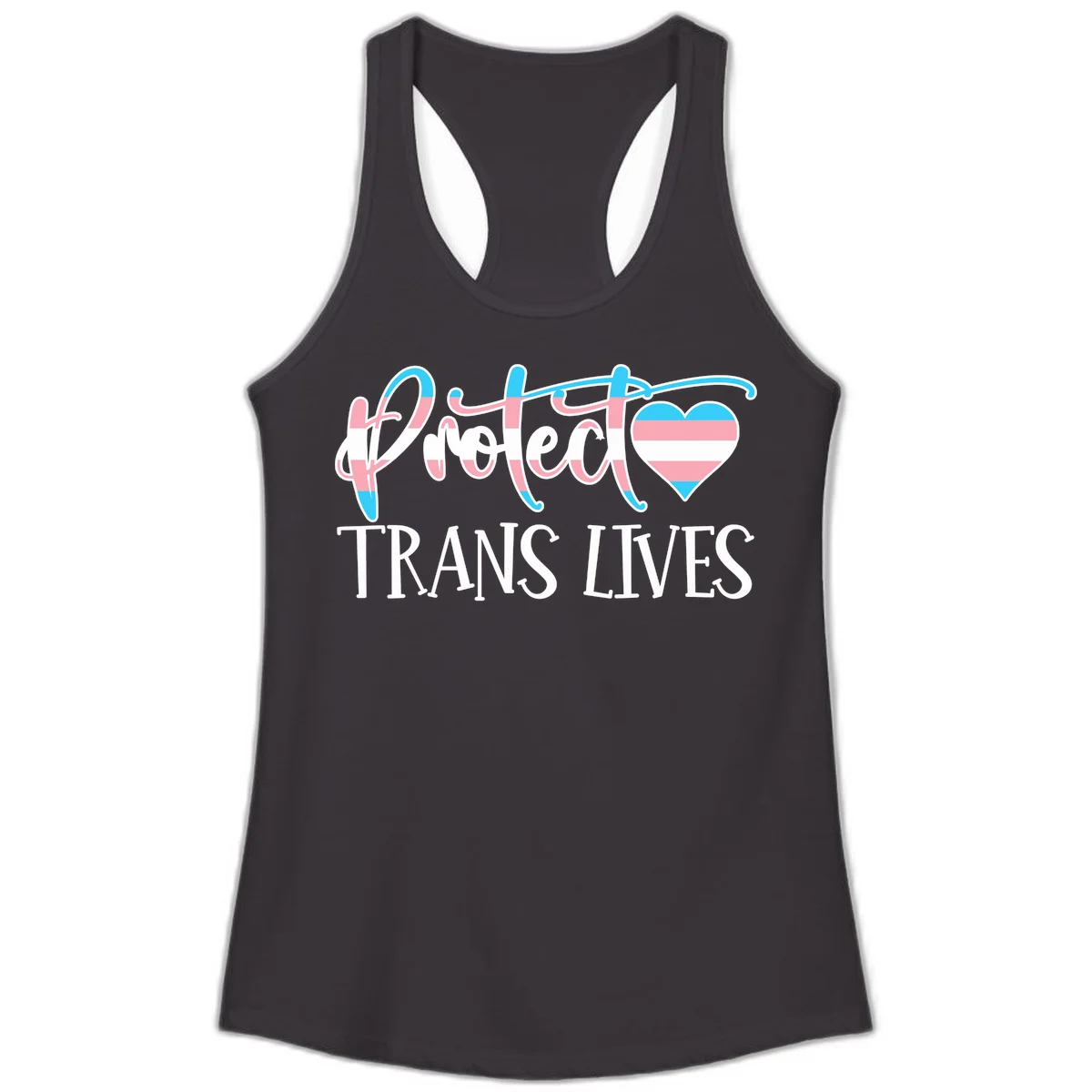 Stylized text 'I heart TRANS LIVES' with decorative letters and a trans flag-striped heart symbol in pink, white, and blue colors in Black