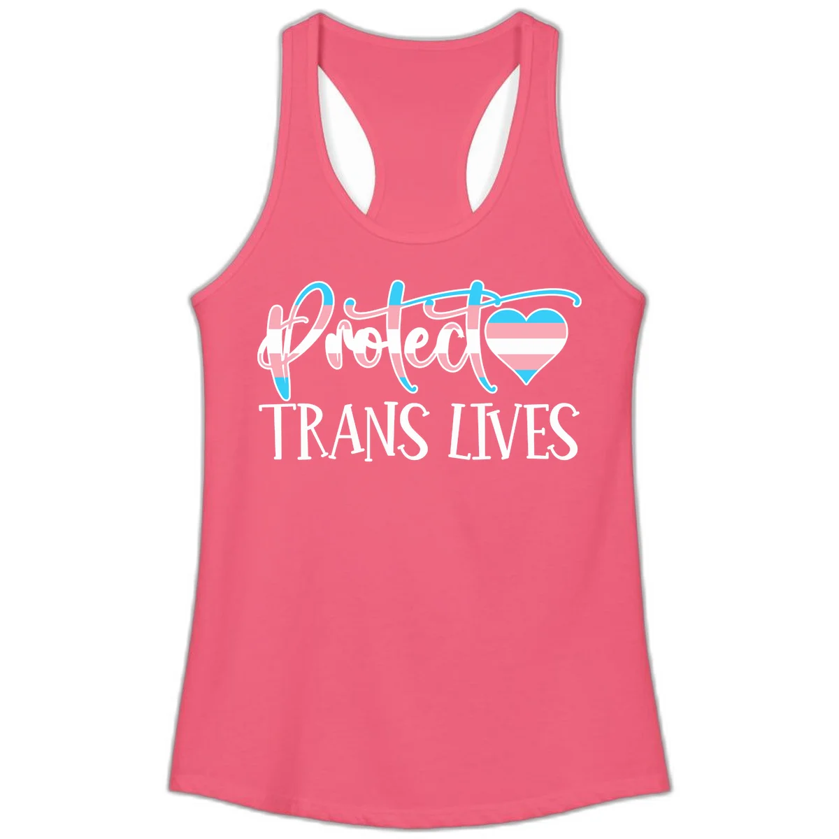 Stylized text 'I heart TRANS LIVES' with decorative letters and a trans flag-striped heart symbol in pink, white, and blue colors in Hot Pink