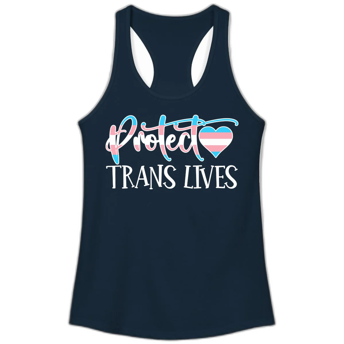 Stylized text 'I heart TRANS LIVES' with decorative letters and a trans flag-striped heart symbol in pink, white, and blue colors in Solid Midnight Navy